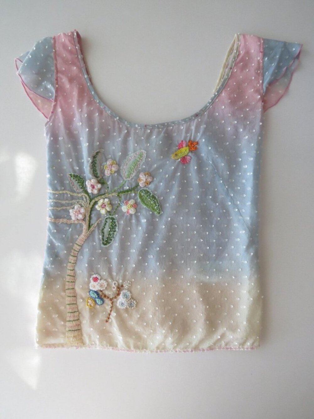 Vintage Italian Silk Blend Ombré Dotted Swiss Top, Crochet Beaded Blossom Tree E
